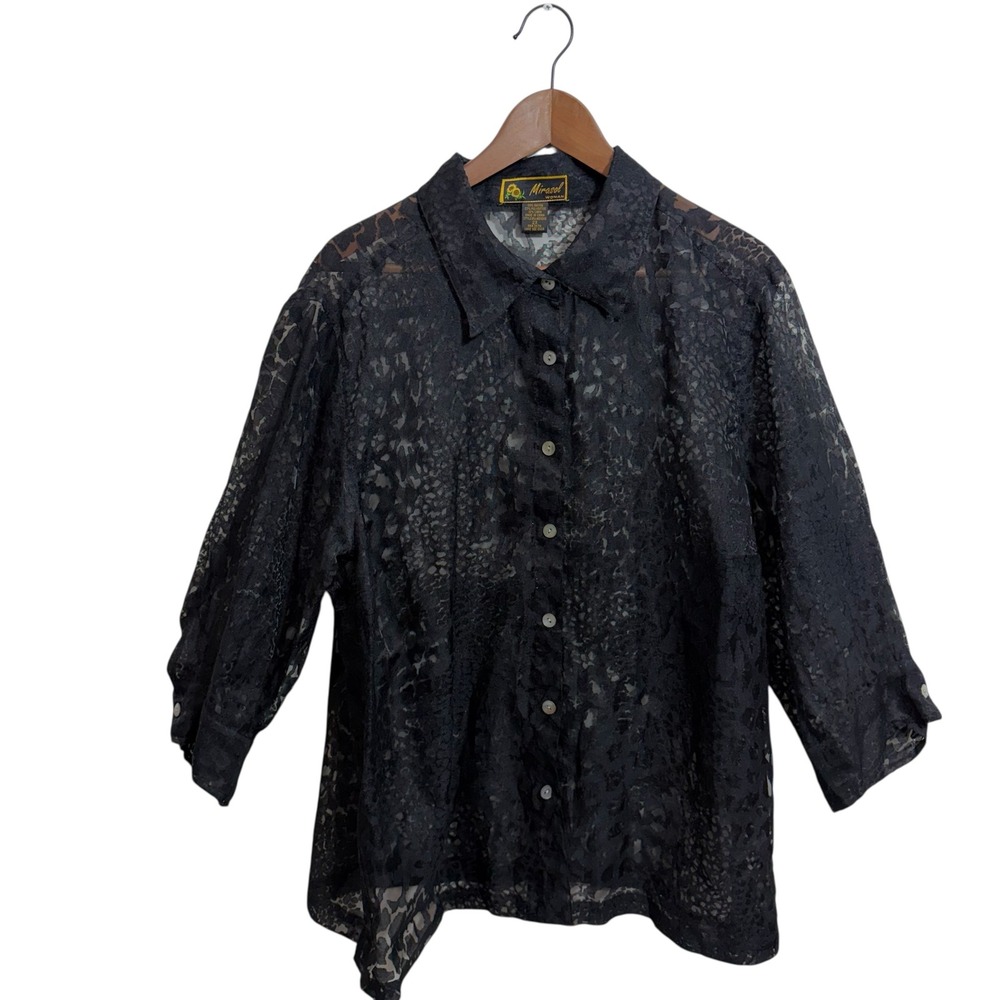 Mirasol Woman‎ Lace Blouse Women Black 2X Sheer Burnout Animal Print 3/4 Sleeve